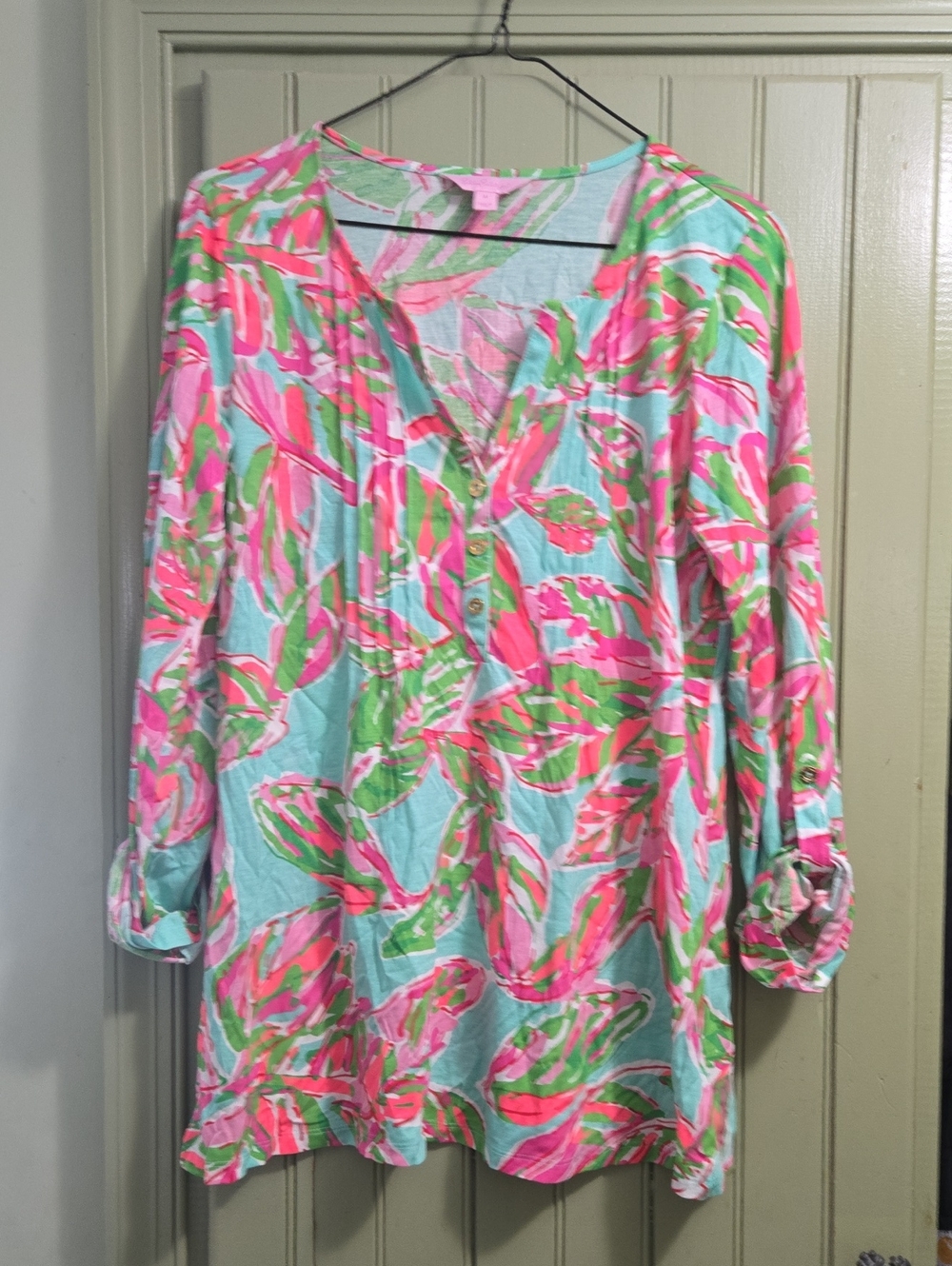 Lilly Pulitzer Sarasota Pink & Aqua Floral V-Neck Tunic Size M